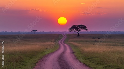 Very typical dirt road for safari in Murchison Falls national park in Uganda at sunset. Horizontal
