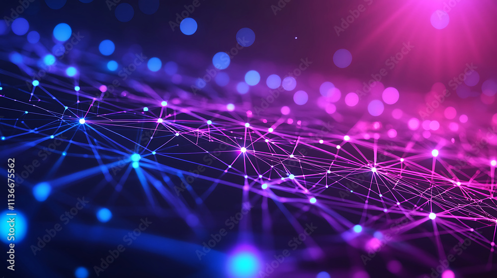 abstract futuristic background with PINK blue glowing neon lines and bokeh lights. Data transfer concept. Fantastic wallpaper.