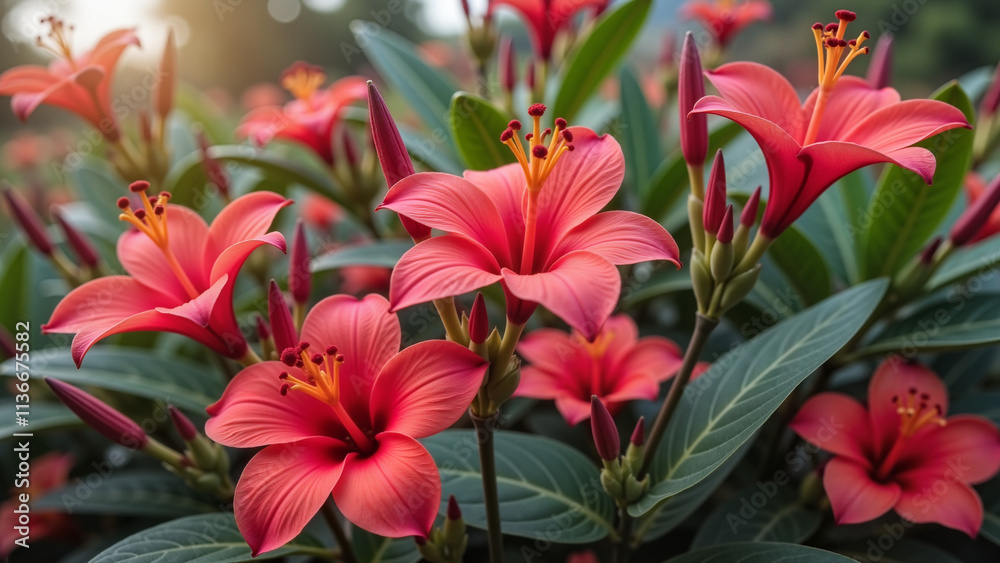 Close-up of Vibrant Red Tropical Flowers, Lush Botanical Background Close-up of Vibrant Red Tropical Flowers, Lush Botanical Background