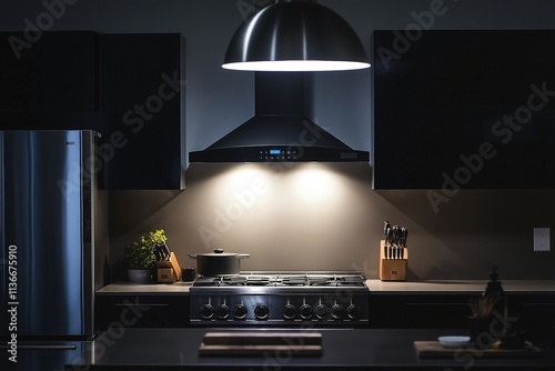 Modern kitchen featuring a sleek silver and black stove, illuminated by a stylish pendant light hanging from the ceiling, creating a chic and inviting cooking space.