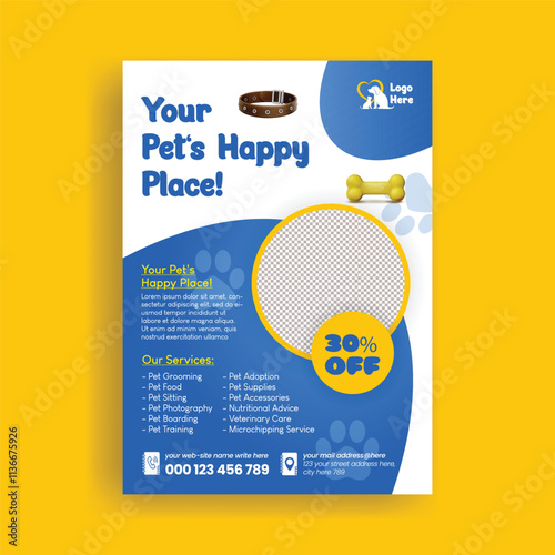 Pet shop and veterinary clinic a4 vertical print flyer or poster template editable print ready pet shop leaflet and brochure cover design with dog and cat illustration background