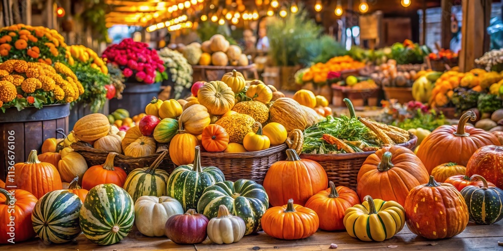 Vibrant Pumpkins Displayed at a Bustling Market with Colorful Produce, Autumn Atmosphere, and a Warm, Inviting Feel for Seasonal Harvest Celebrations Vibrant Pumpkins Displayed at a Bustling Market with Colorful Produce, Autumn Atmosphere, and a Warm, Inviting Feel for Seasonal Harvest Celebrations