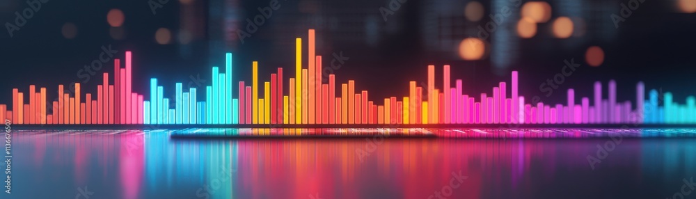 Fototapeta premium A vibrant sound wave visualization displaying colorful bars representing audio levels against a blurred background.