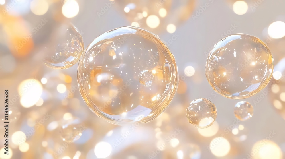 Abstract image of floating transparent spheres with bokeh lights in the background. Abstract image of floating transparent spheres with bokeh lights in the background.