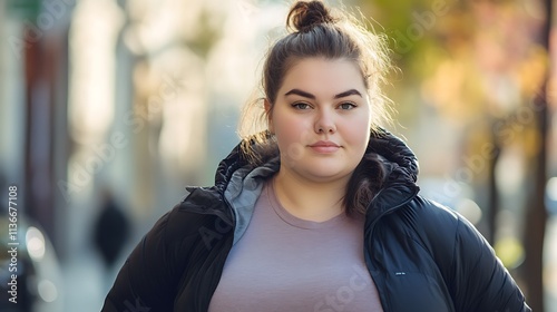 Young plus size woman posing in an urban setting with confidence