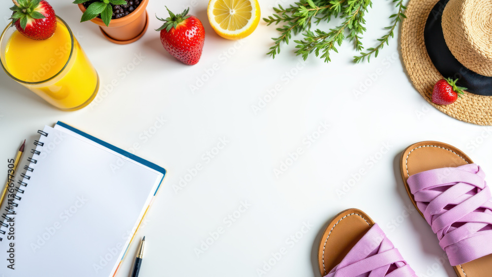 Relaxing scene with summer accessories on a white table. Relaxing scene with summer accessories on a white table.