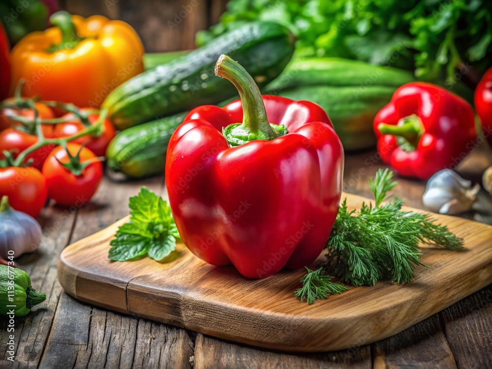 Vibrant Red Pepper on Wooden Cutting Board Surrounded by Fresh Vegetables in a Kitchen Setting, Perfect for Culinary and Healthy Eating Concepts Vibrant Red Pepper on Wooden Cutting Board Surrounded by Fresh Vegetables in a Kitchen Setting, Perfect for Culinary and Healthy Eating Concepts