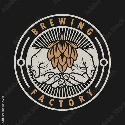 Brewing factory logo illustration with open hands and flower hops plant on a circle