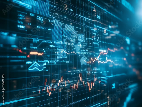 A blurred background with a blue finance graph and investment bar, showcasing growth and success in the market with technology currency reports chart. Business stock world economy AI computer