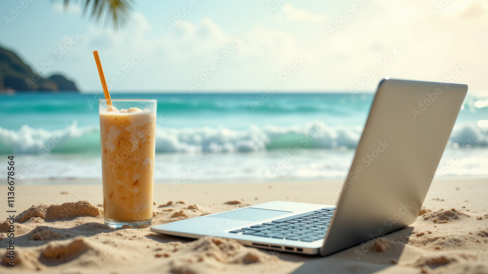 A relaxed outdoor setting with a laptop on the sand, next to a refreshing drink by the ocean, perfect for summer working or leisure. A relaxed outdoor setting with a laptop on the sand, next to a refreshing drink by the ocean, perfect for summer working or leisure.