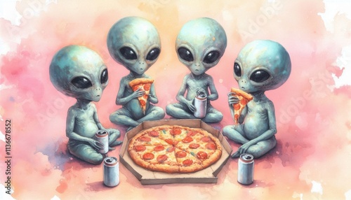 Aliens eat pizza and drink beer  content created with generative AI software.