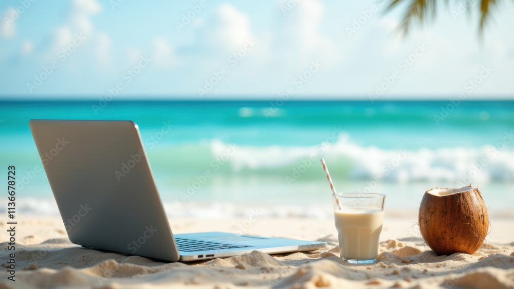 Relaxing on a sunny beach with tropical drink and laptop. Relaxing on a sunny beach with tropical drink and laptop.
