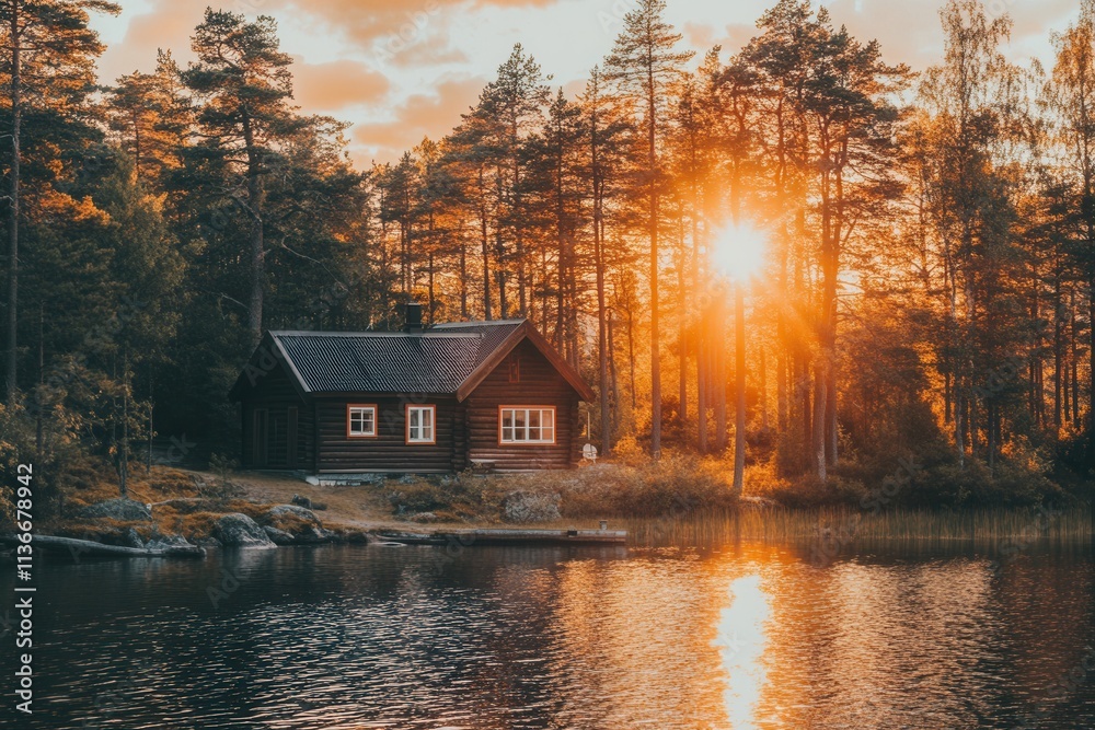 Fototapeta premium An off-grid cabin in the Norwegian wilderness, relying on solar power