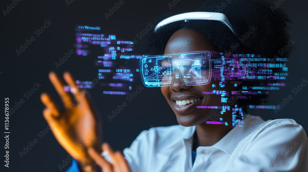 Smiling woman using augmented reality glasses with holographic interface Smiling woman using augmented reality glasses with holographic interface