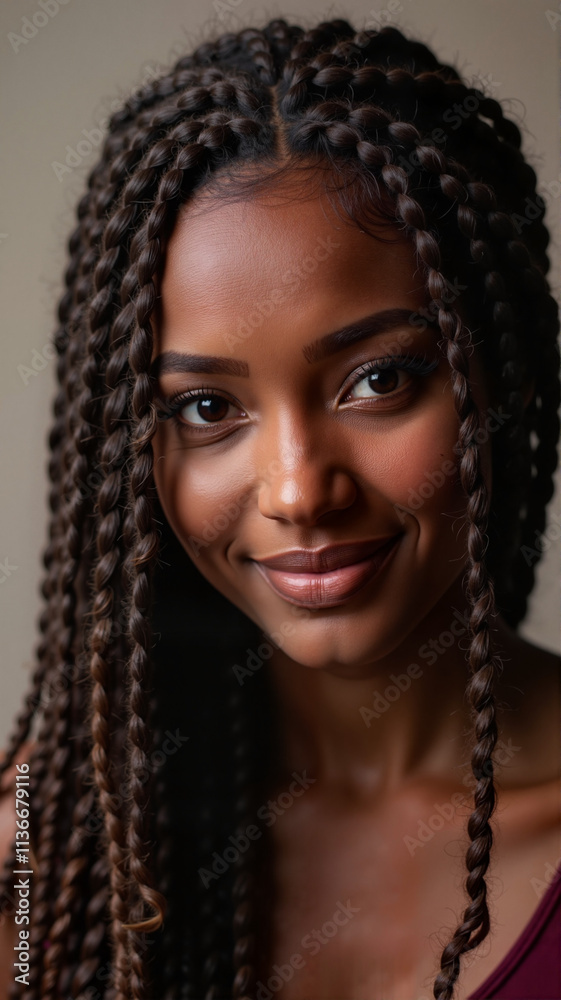 Smiling african female with braided hairstyle Smiling african female with braided hairstyle