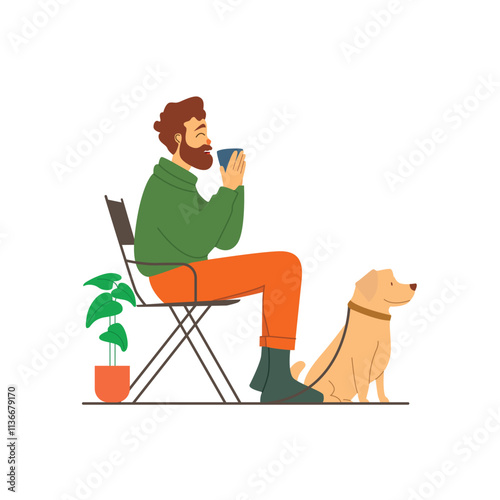 flat illustration Man Enjoying Coffee with Loyal Dog Companion