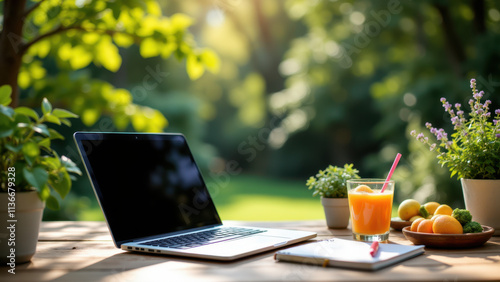 Summer Fridays setup with laptop on patio table under tree, featuring fresh fruit, juice, and potted plants.