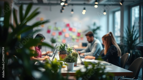 A creative light art image of a collaborative workspace. People work on laptops among plants and sticky notes. Sharp subject focus, soft background, artistic lighting, abstract light patterns, blurred