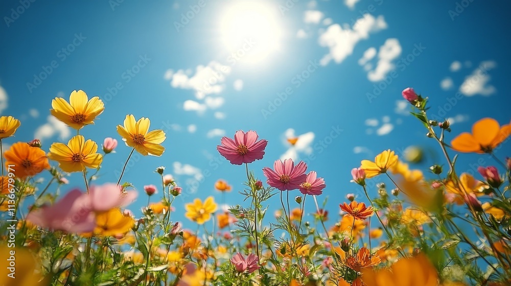 Obraz premium Vibrant spring garden with blooming tulips and charming gazebo under blue sky