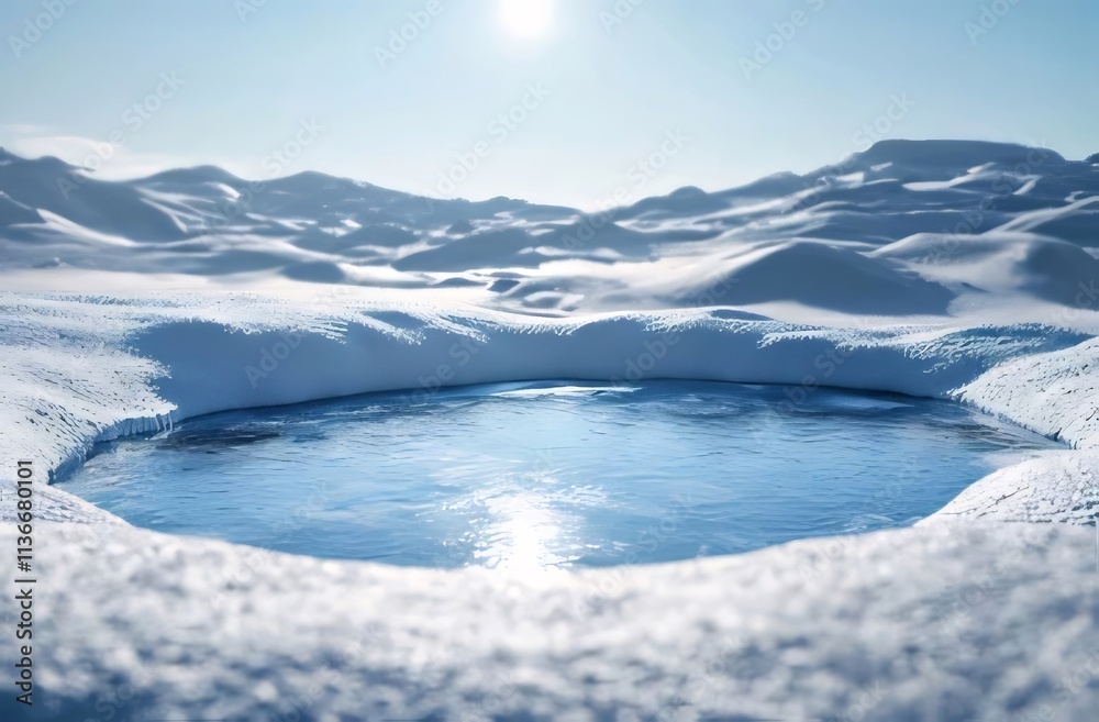 Frozen lake in snowy mountains under sunlight.
