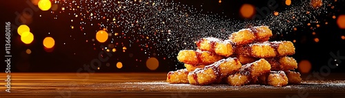 Croatian fritule with powdered sugar, lively Dubrovnik market stalls under festive lights photo