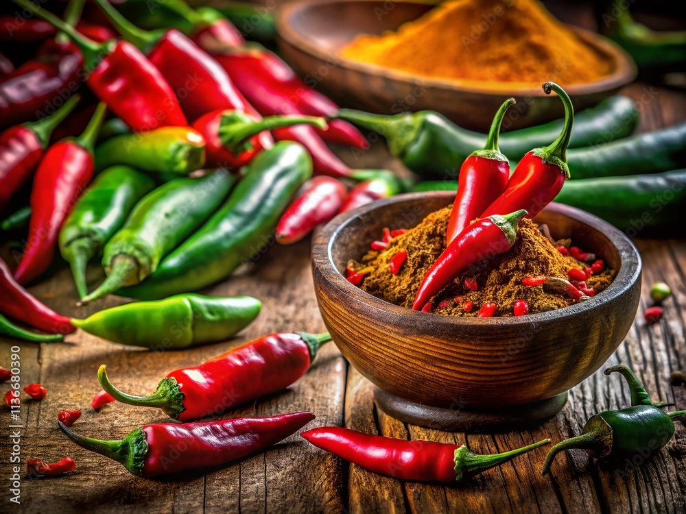 Vibrant Tilt-Shift Photography of Chili Powder and Colorful Peppers in a Rustic Kitchen Setting, Showcasing the Spices' Rich Textures and Bright Hues for Culinary Inspiration Vibrant Tilt-Shift Photography of Chili Powder and Colorful Peppers in a Rustic Kitchen Setting, Showcasing the Spices' Rich Textures and Bright Hues for Culinary Inspiration