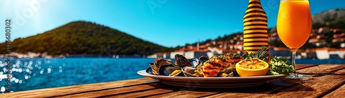 Croatian seafood platter with oysters and mussels, overlooking the crystalclear waters of Dubrovnik s coast photo