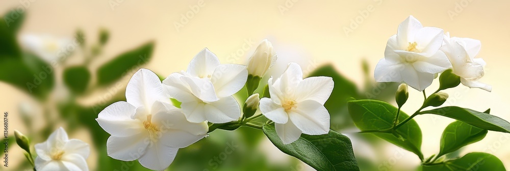 Obraz premium Delicate Jasmine Flowers Blossom Gracefully on Lush Greenery Under Soft Sunlight