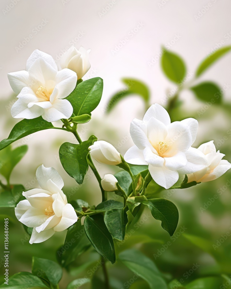 Fototapeta premium Delicate Jasmine Blossoms Grace a Lush Green Bush Under Soft Natural Light