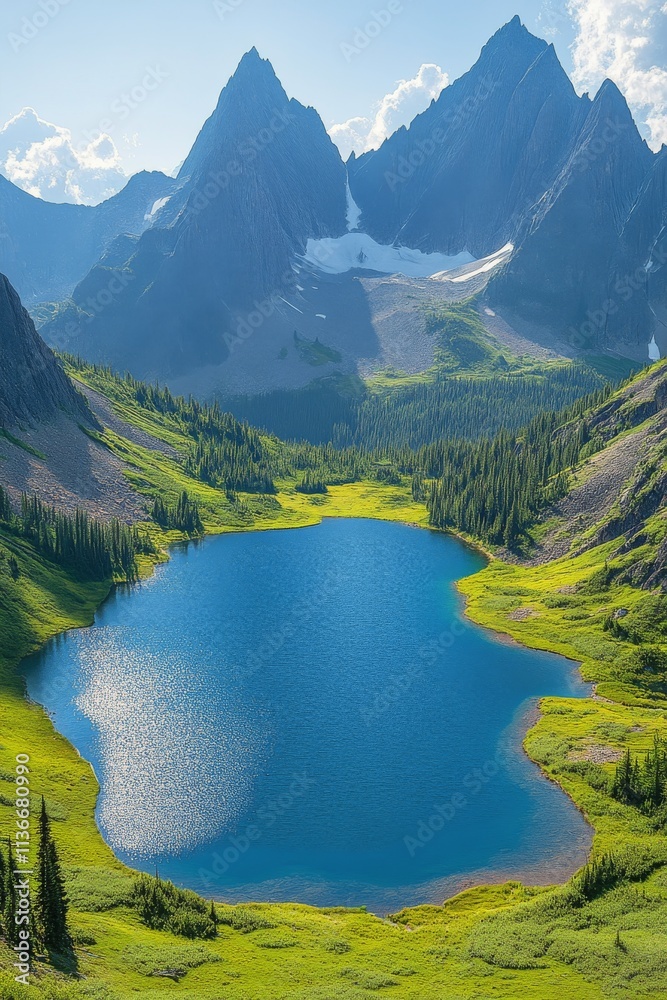 Fototapeta premium Serene lake surrounded by majestic mountains and lush greenery in a tranquil landscape