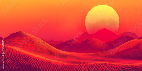 Abstract Desert Landscape, Sunset Hues Paint Vibrant, Pixelated Mountains and Rolling Sands Under a Giant Sun photo