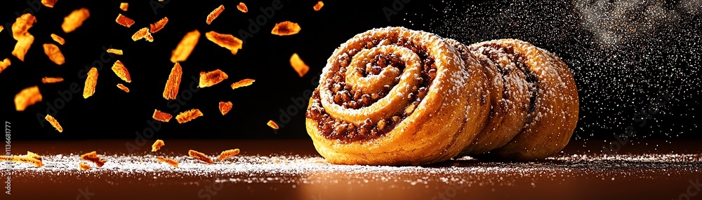 Fototapeta premium Finnish korvapuusti cinnamon rolls, a lakeside sauna steaming under a snowy forest canopy