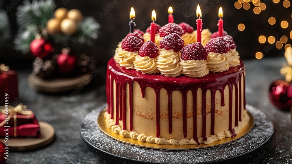 Luxurious dark Maroon and golden cake with candles and gifts for celebration a special day Luxurious dark Maroon and golden cake with candles and gifts for celebration a special day
