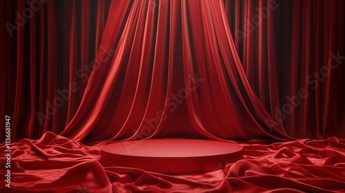 elegant stage set with draped red fabric, shadows, and dramatic lighting