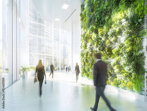 Abstract long exposure motion crowd business people walking commercial centre corporate green office in modern city lobby. Green sustainability natural light indoor plants garden environment