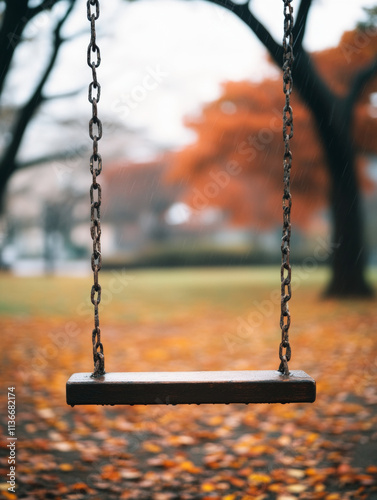 An empty swing hangs in a park, surrounded by fallen autumn leaves, creating a serene and nostalgic atmosphere in the crisp, cool air.