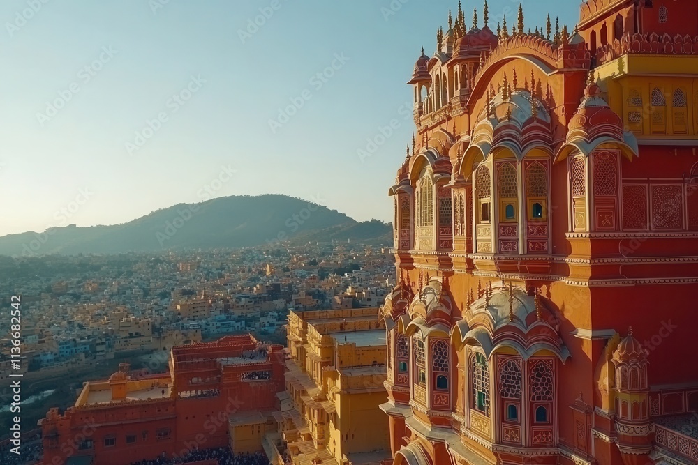 Fototapeta premium A sky-high view of the street leading to the Hawa Mahal, or the Palace of the Winds, in Rajasthan's pink city of Jaipur