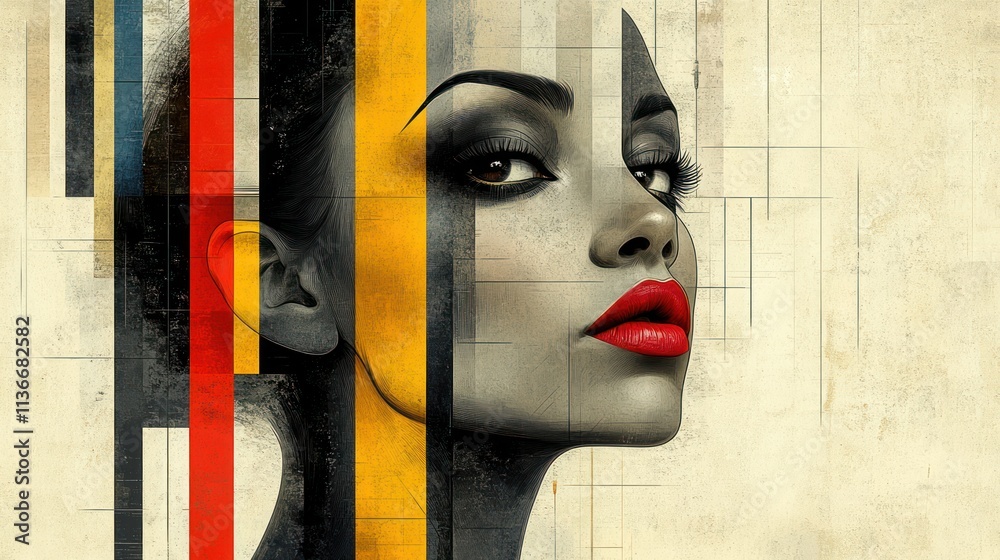 Fototapeta premium Abstract portrait of a woman with bold geometric lines and vibrant colors.