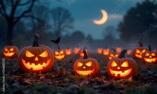 Spooky Halloween Night: Jack-o'-lanterns Illuminate the Dark