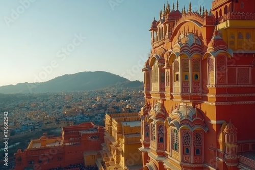 A sky-high view of the street leading to the Hawa Mahal, or the Palace of the Winds, in Rajasthan's pink city of Jaipur