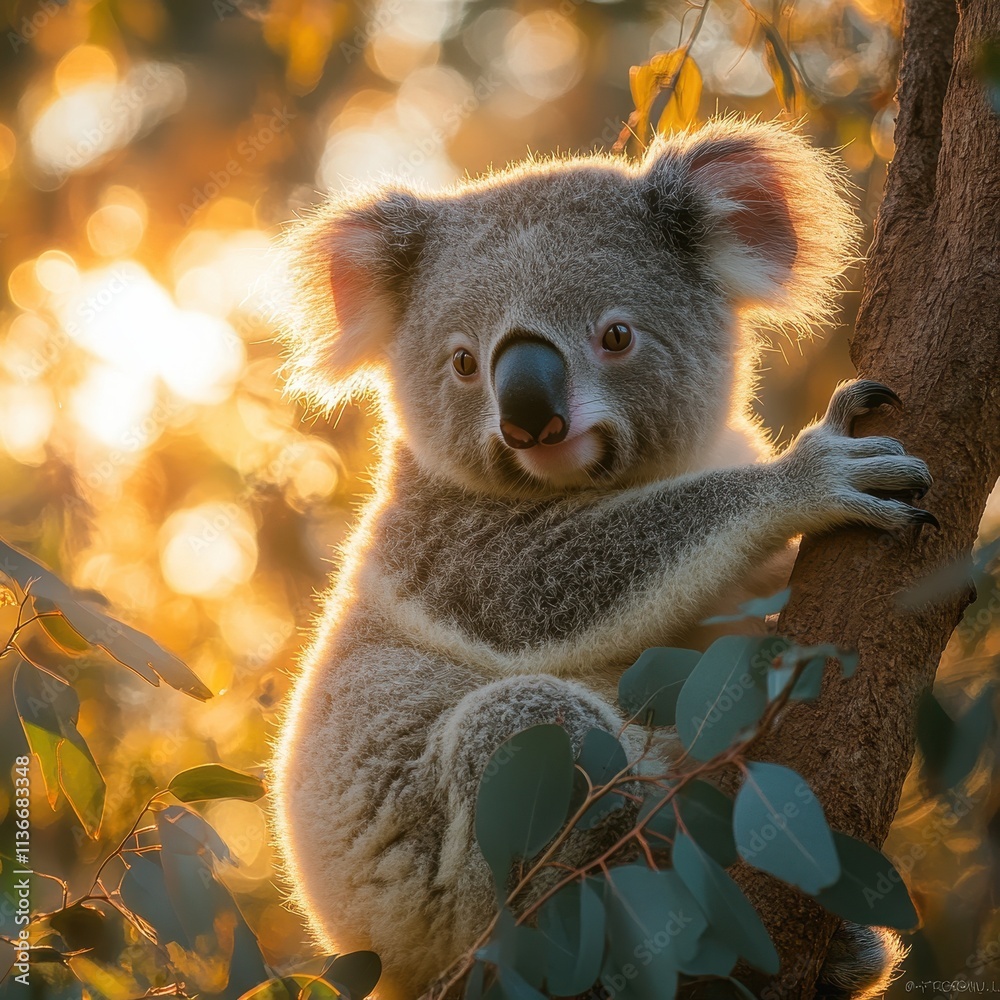 Naklejka premium Adorable koala perched in a eucalyptus tree, surrounded by soft natural light.
