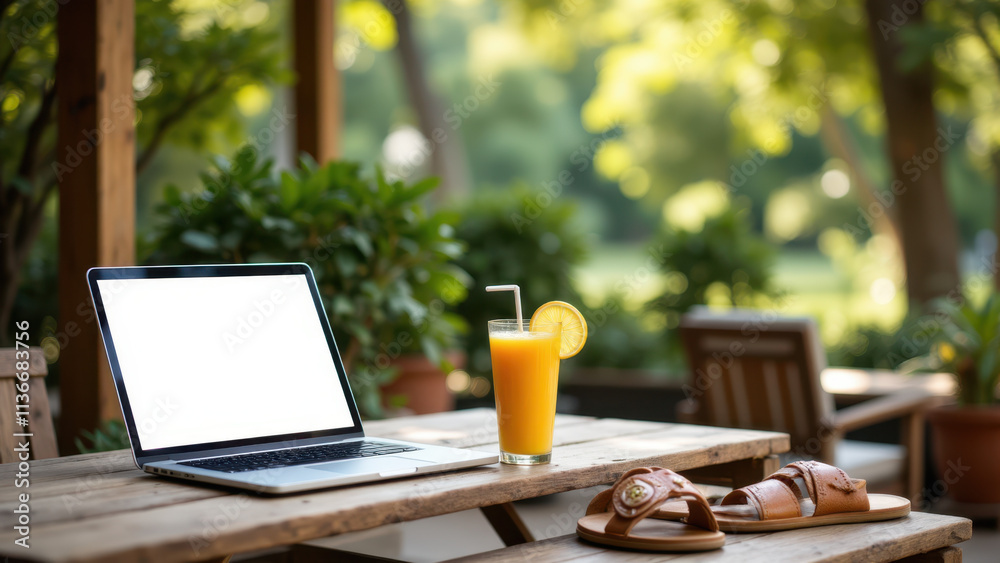 A relaxed outdoor workspace with a laptop on a wooden table under clear skies. A relaxed outdoor workspace with a laptop on a wooden table under clear skies.