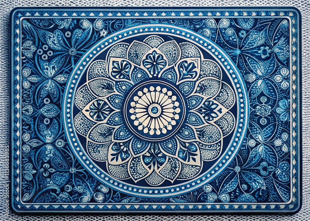 Obraz premium Victorian Floral Playing Card Back Design: Blue, Grey, White Circles & Flowers, Geometric Interlocking Pattern, Portrait Photography Style