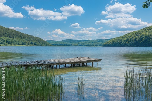 June view of Crestasee - Lake Cresta, featuring the municipalities of Flims and Trin in the Grisons, Switzerland, with a wooden dock on the lake photo