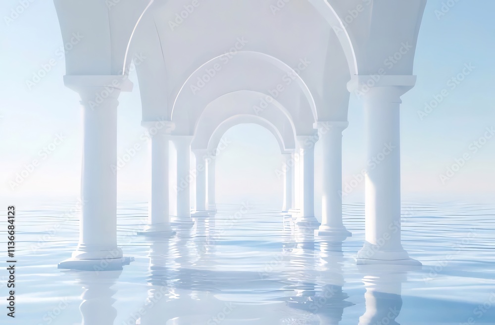 White columns and arches extending into calm ocean. White columns and arches extending into calm ocean.