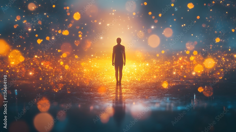 Naklejka premium Silhouette of a Person Enveloped in a Dreamlike Atmosphere of Bright Orbs and Sparkles Reflecting a Sense of Wonder and Cosmic Connection to the Universe