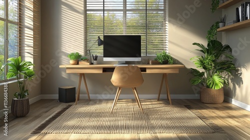 Stylish home office featuring a desk, computer, and lush plants in a sunny room