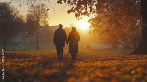 Elderly couple walking hand in hand through an autumn park filled with orange leaves photo