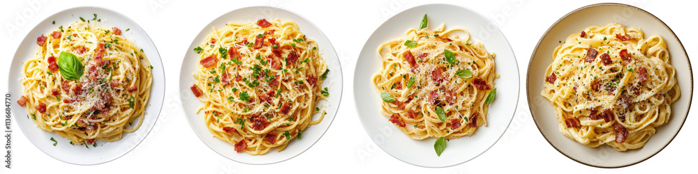 A Set of Carbonara Pasta with Rich Creamy Sauce and Bacon Isolated on Transparent Background