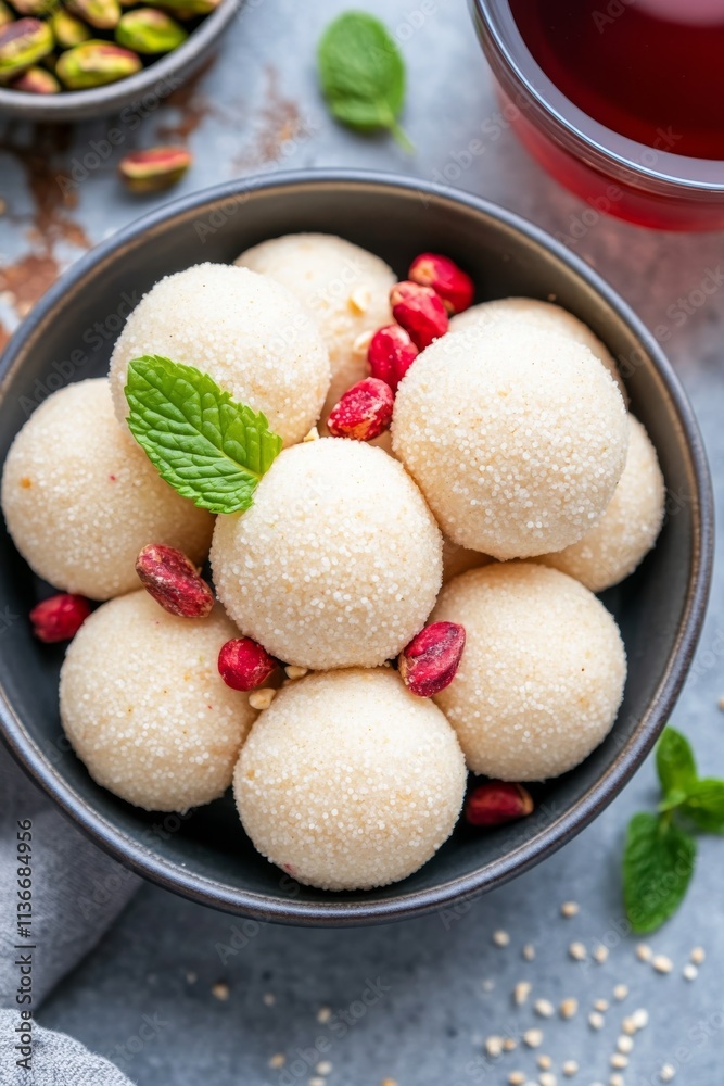 Delicious dessert balls made with sweet ingredients in a bowl with nuts and mint